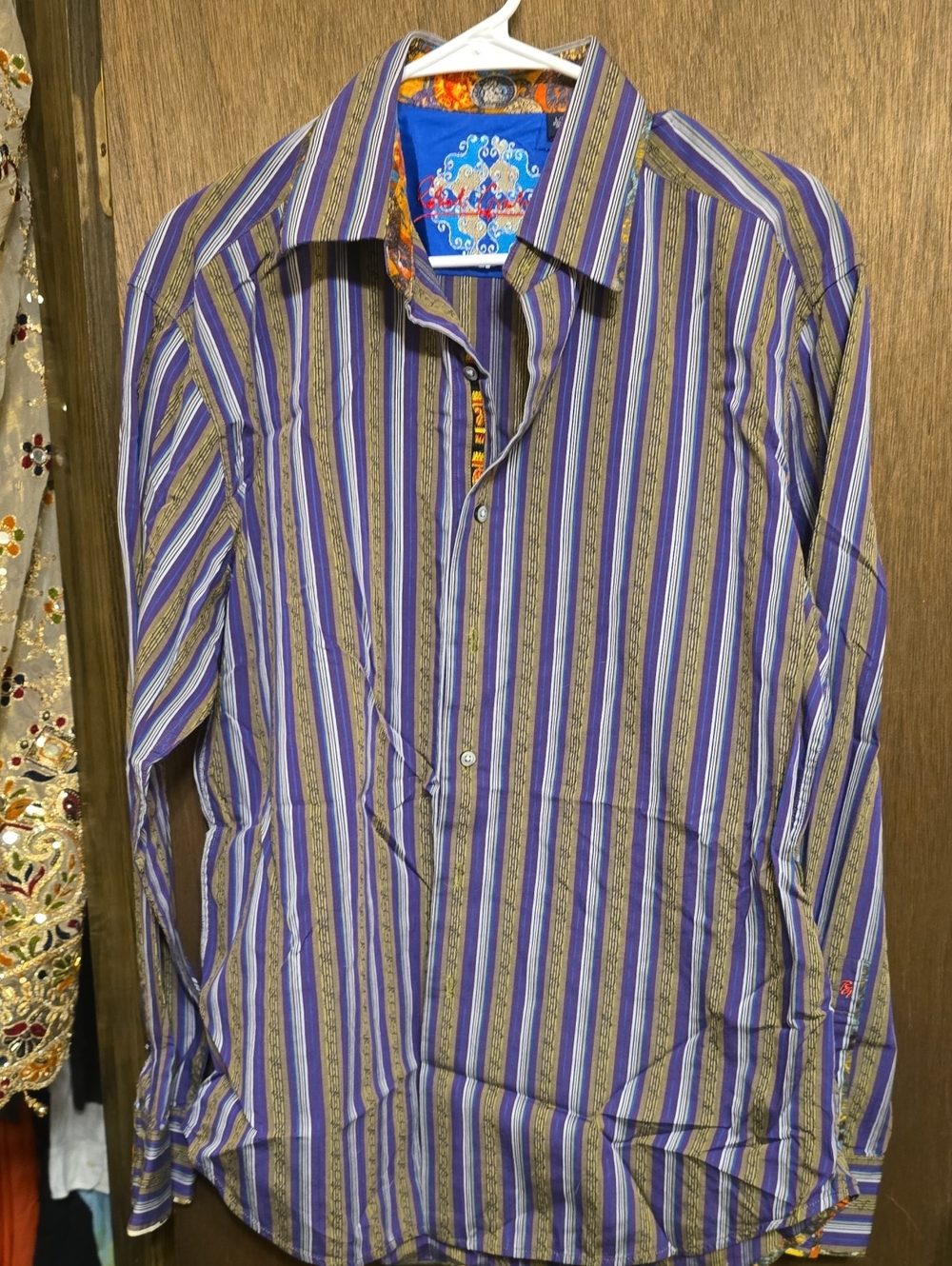 Robert Graham Purple and Beige Striped Casual Button-Down Shirt